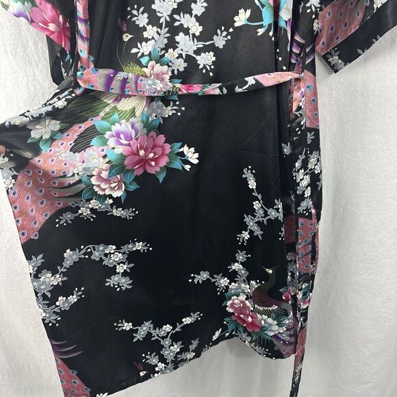 Sam Well Black Floral Peacock Belted Satin Kimono Robe Womens OSFM - Picture 12 of 14